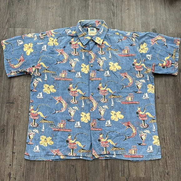 VINTAGE AVI BY KAHALA BLUE GRAPHIC HAWAIIAN BUTTON DOWN SHIRT MENS XL - Picture 1 of 8